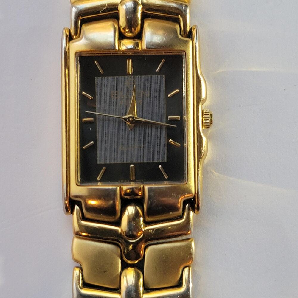 Vintage Elgin Womens Dress Watch Gold Tone Rectangle Black Gray Dial Bracelet